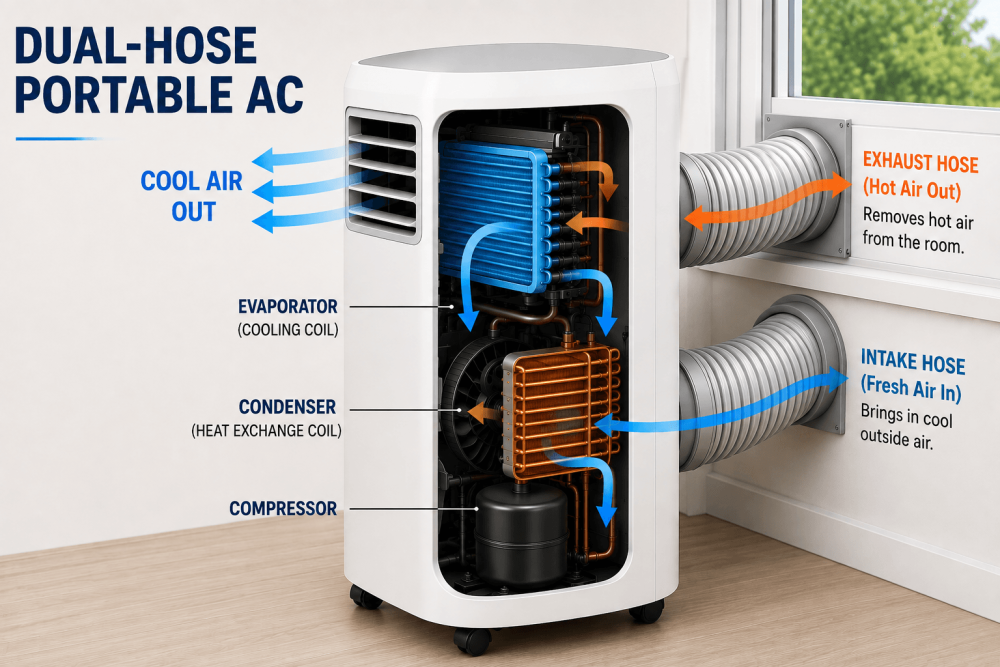 Dual-hose portable air conditioner working mechanism with intake and exhaust hoses.